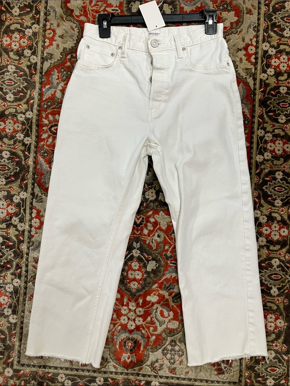 Moussy Vintage Womens White Denim Straight Leg Jeans Button Fly Raw Hem‎ 26